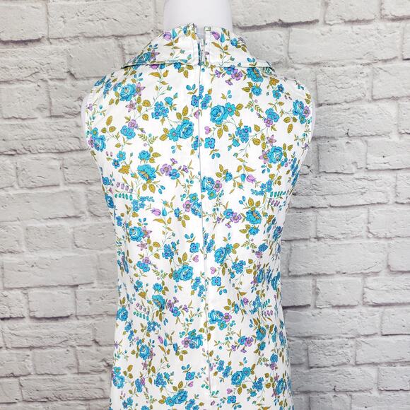 Vintage 1970s Sheath Dress Blue Floral Peterpan Collar Shirred Neckline Fits XS - Picture 13 of 13